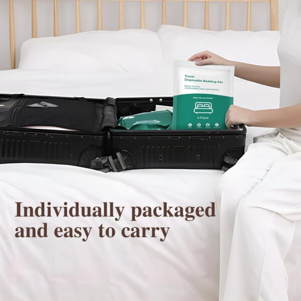 Person packing travel bedding set into suitcase.