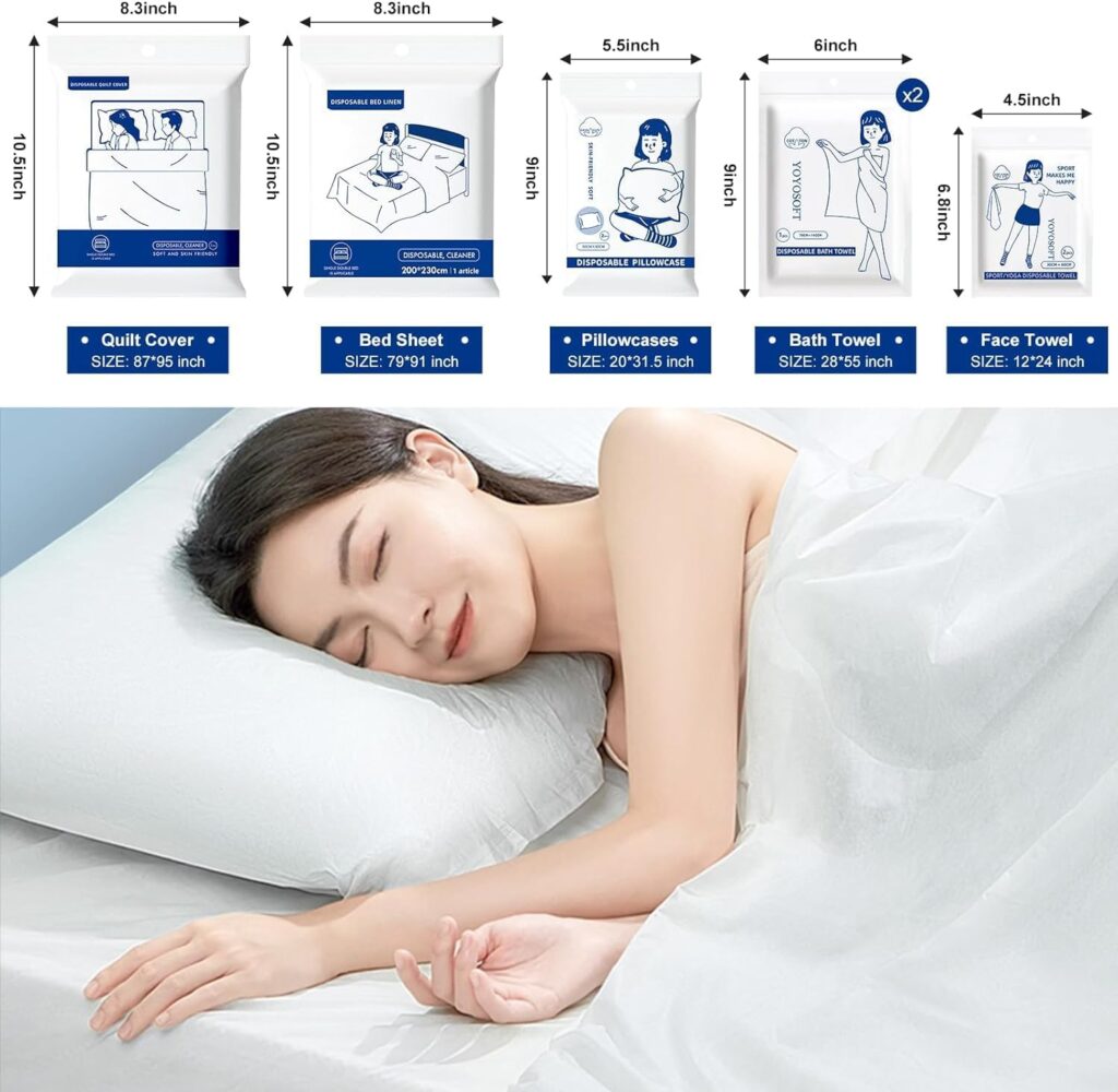 Disposable bedding and towels with dimensions