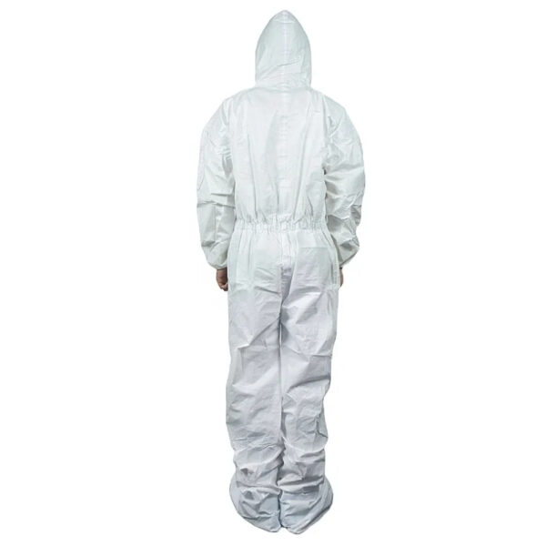 Person wearing a white protective coverall suit.