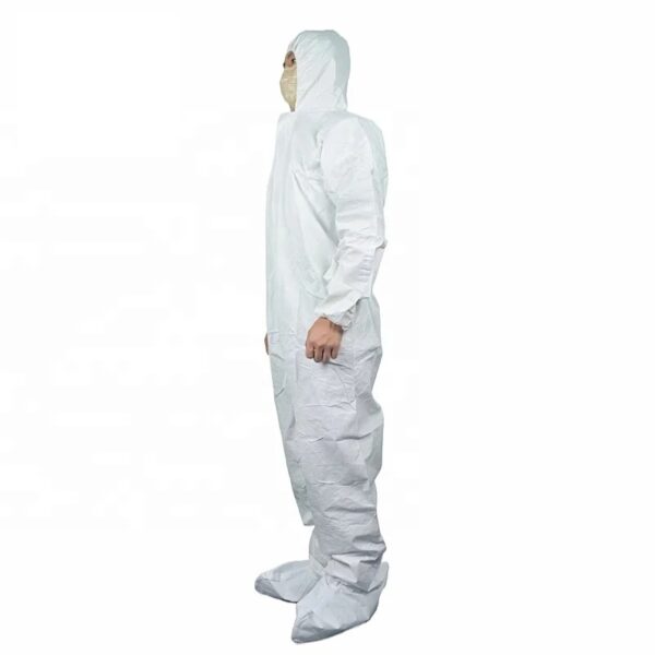 Person wearing white protective coverall with hood