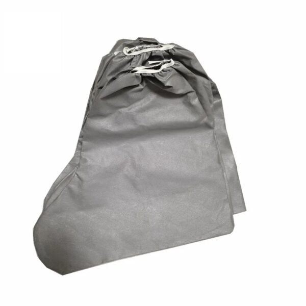 Gray drawstring laundry bag on white background.