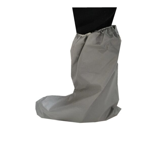 Gray disposable boot cover on foot