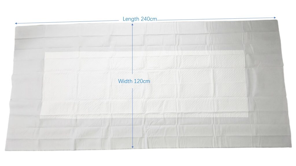 Disposable underpad, 240cm x 120cm, unfolded view.