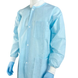 Disposable blue lab coat with gloves.