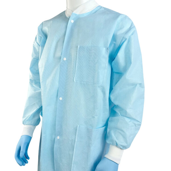 Disposable blue lab coat with gloves.