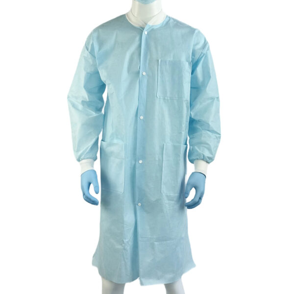 Disposable blue medical gown with gloves