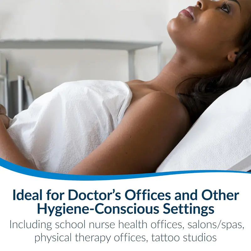 Woman lying on doctor office examination table.