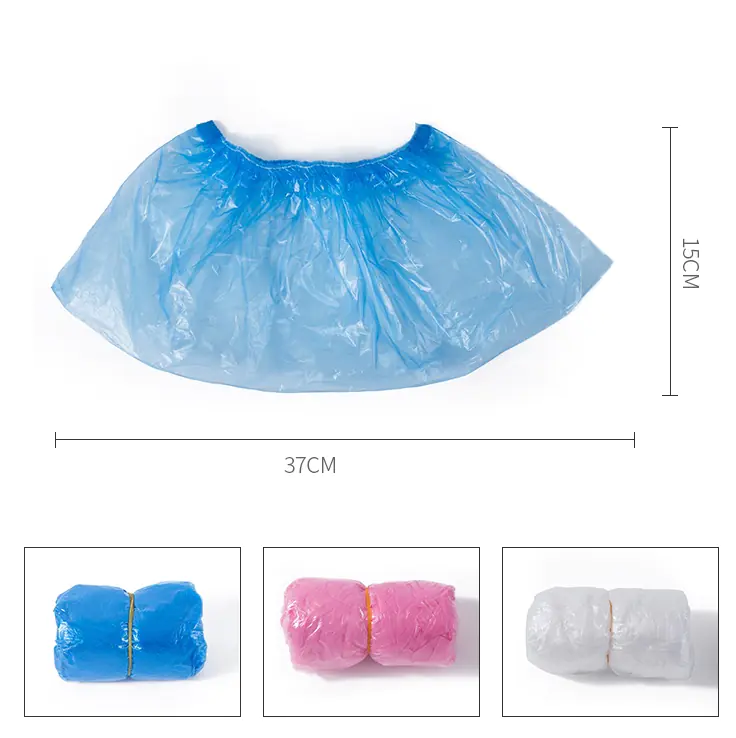 Colorful disposable shoe covers, dimensions labeled.