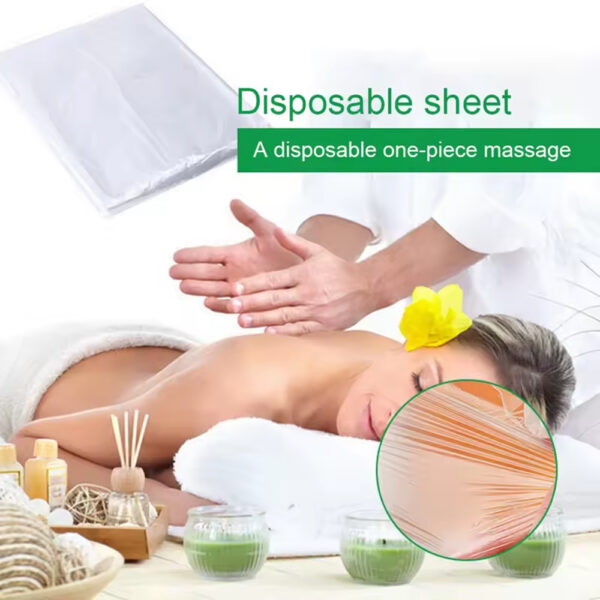 Woman receiving massage, disposable sheet, spa products