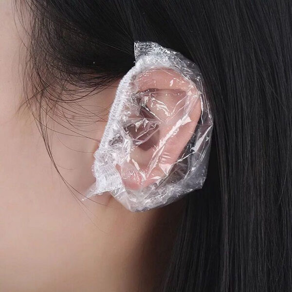 Ear covered with transparent plastic wrap