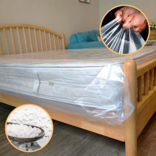 Plastic-wrapped mattress for protection, durability.