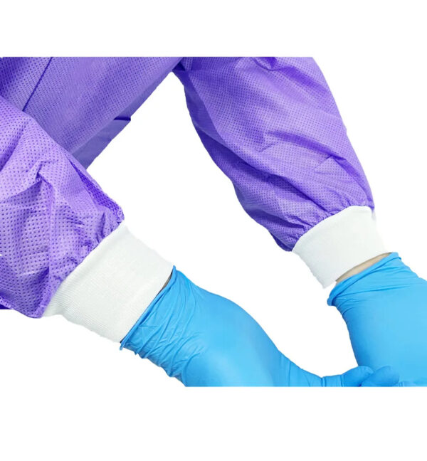 Person wearing purple medical gown with blue gloves.