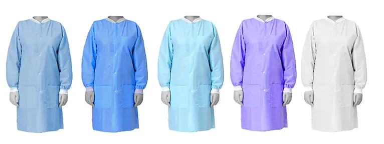 Colorful lab coats displayed in a row