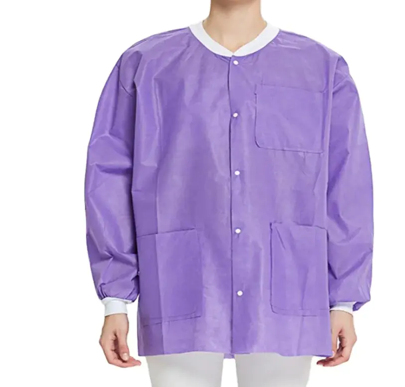 Person wearing purple button-up lab coat.