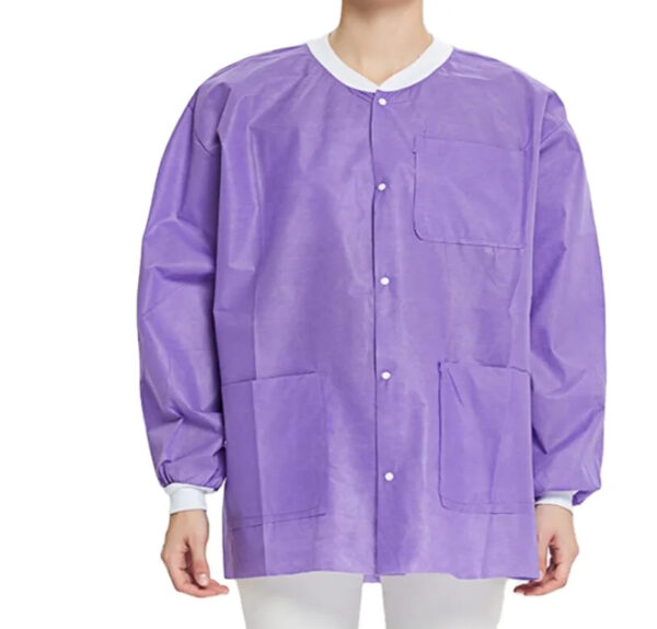 Person wearing purple scrub jacket with pockets