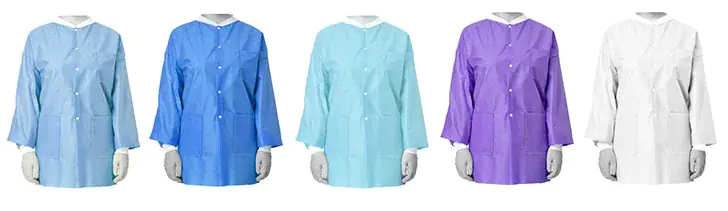Colorful lab coats in various shades displayed.