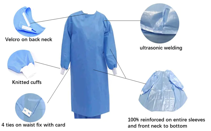 Blue surgical gown with reinforced features.