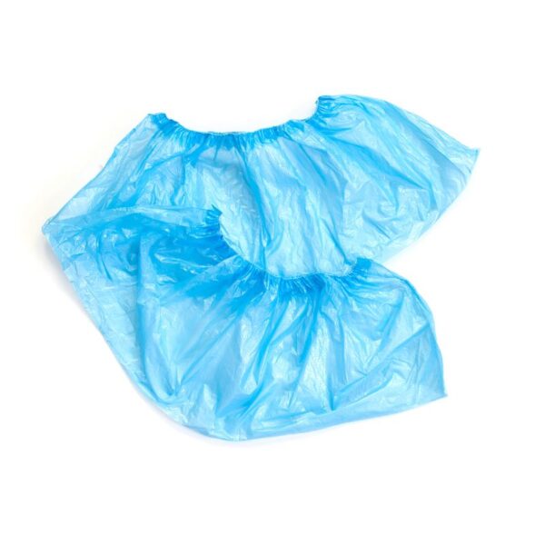 Blue disposable shoe covers on white background.