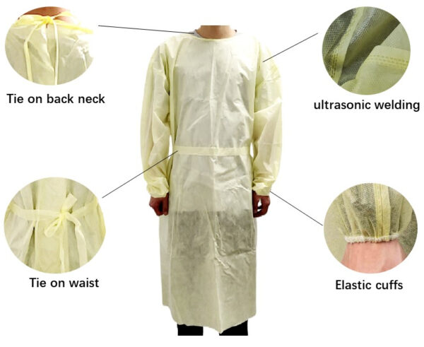 Protective gown with elastic cuffs and tie closures.