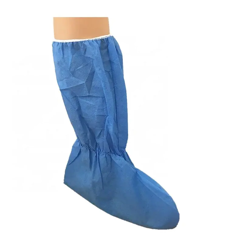 Blue disposable shoe cover on leg mannequin.
