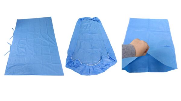 Three blue body bags in different views.