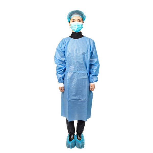 Person wearing blue medical gown and mask.