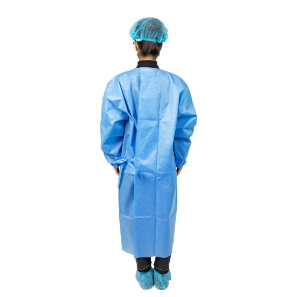 Person in blue medical gown, back view.