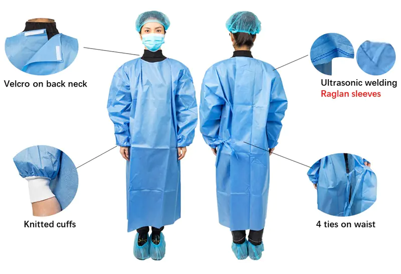 Protective gown with velcro, knitted cuffs, raglan sleeves.