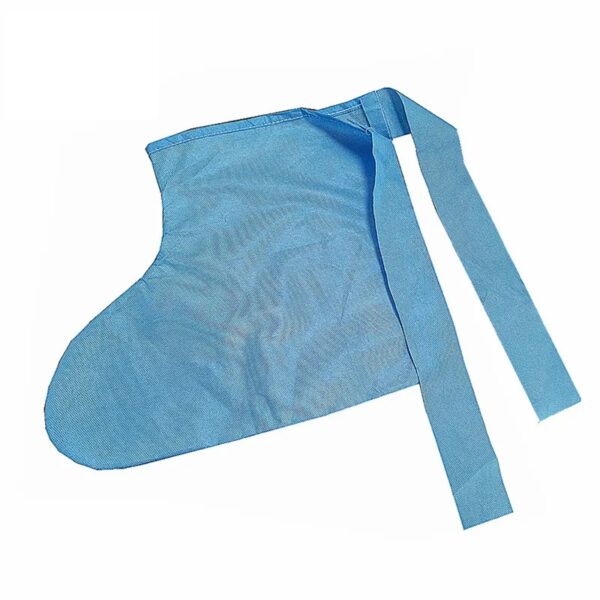 Blue disposable non-woven shoe cover with ties.