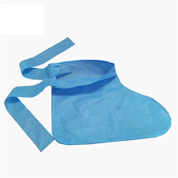 Blue disposable shoe cover with tie straps.