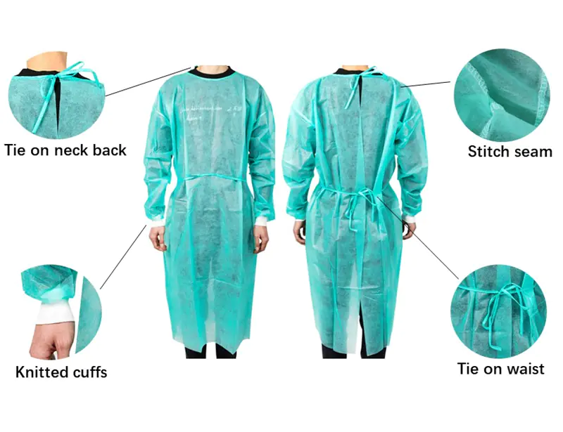 Protective gown features: ties, knitted cuffs, stitched seams.