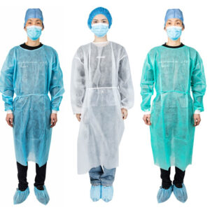 Five people in colored disposable protective gowns.