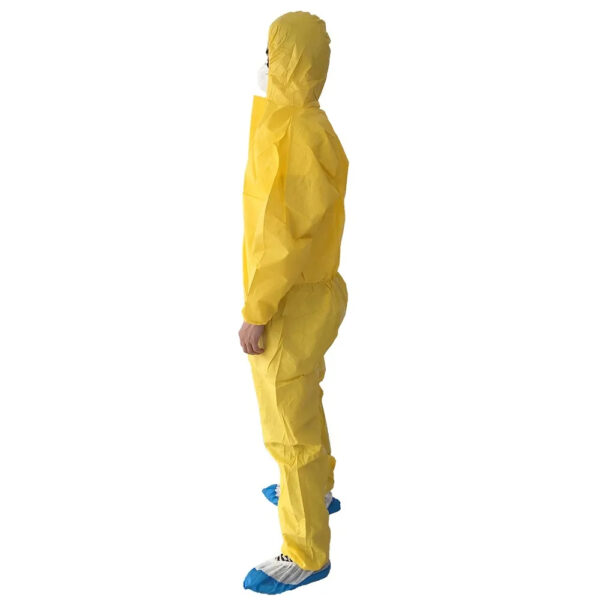 Person in yellow hazmat suit side view