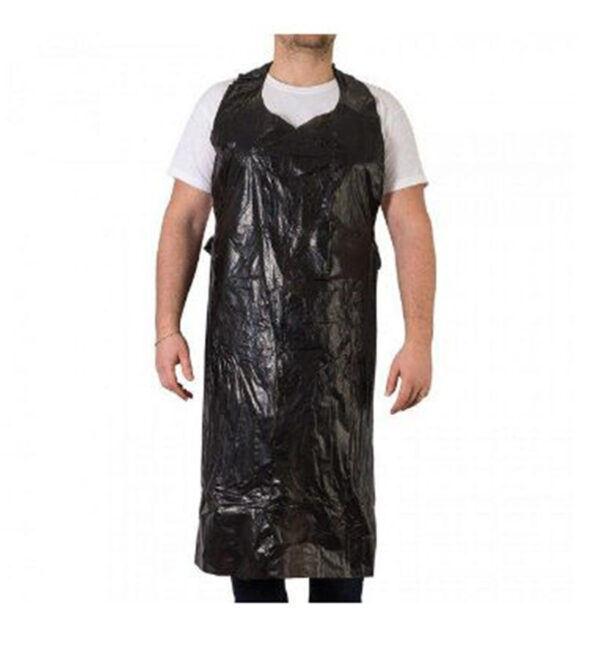 Person wearing black plastic apron over white shirt.