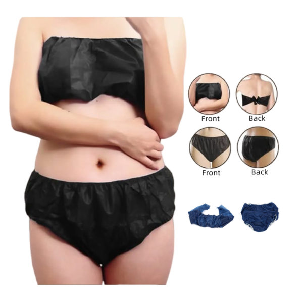 Disposable black spa wear set, front and back views