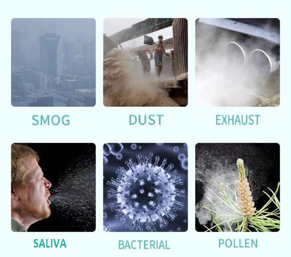 Air pollutants: smog, dust, exhaust, saliva, bacteria, pollen.