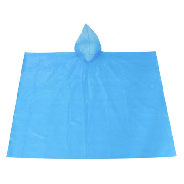 Blue disposable rain poncho with hood.