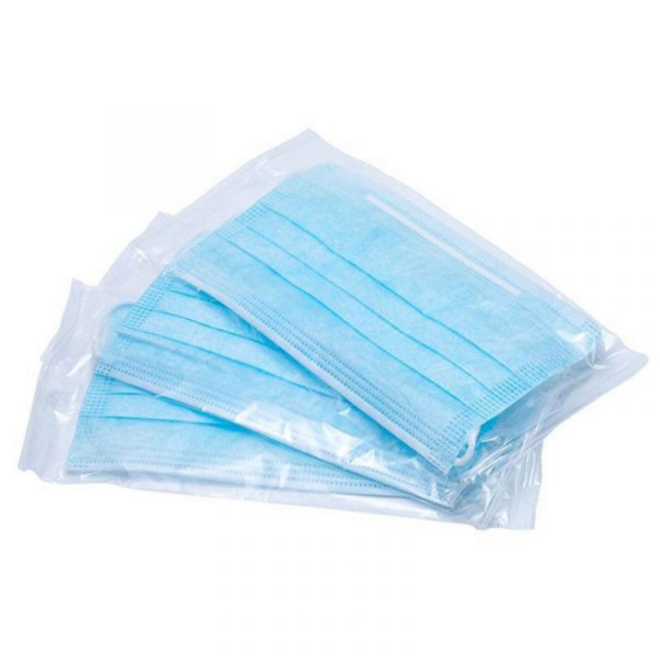 Pack of blue disposable face masks.