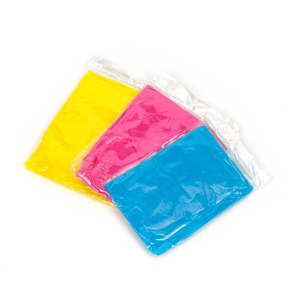 Colorful plastic bags in yellow, pink, blue.