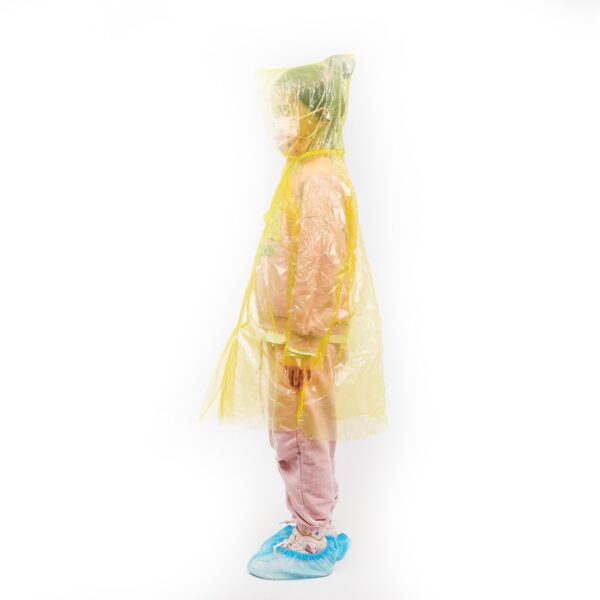 Child wearing a clear plastic raincoat.