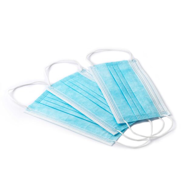 Three blue surgical masks on white background.