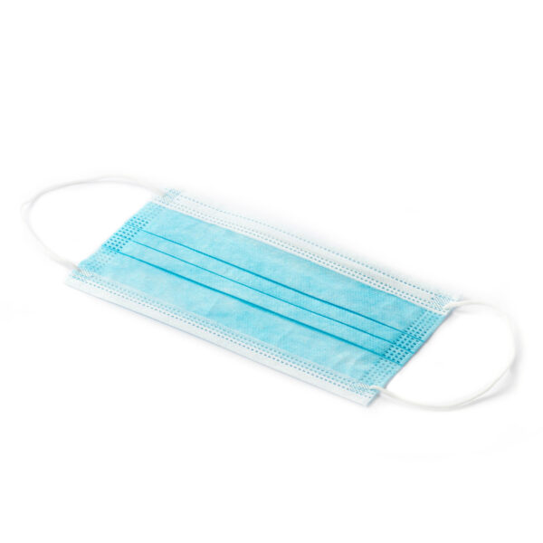 Disposable blue surgical mask on white background.