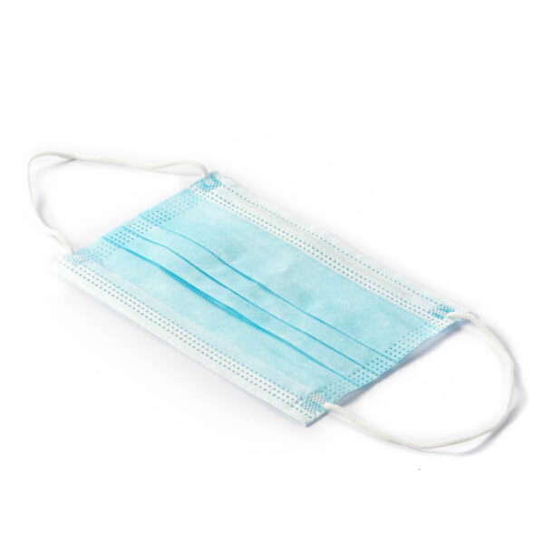 Blue disposable face mask on white background.