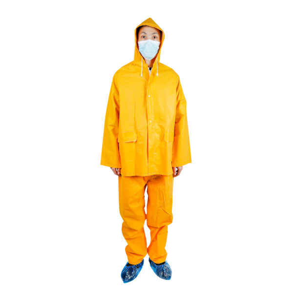 Person in yellow raincoat and mask on white background.