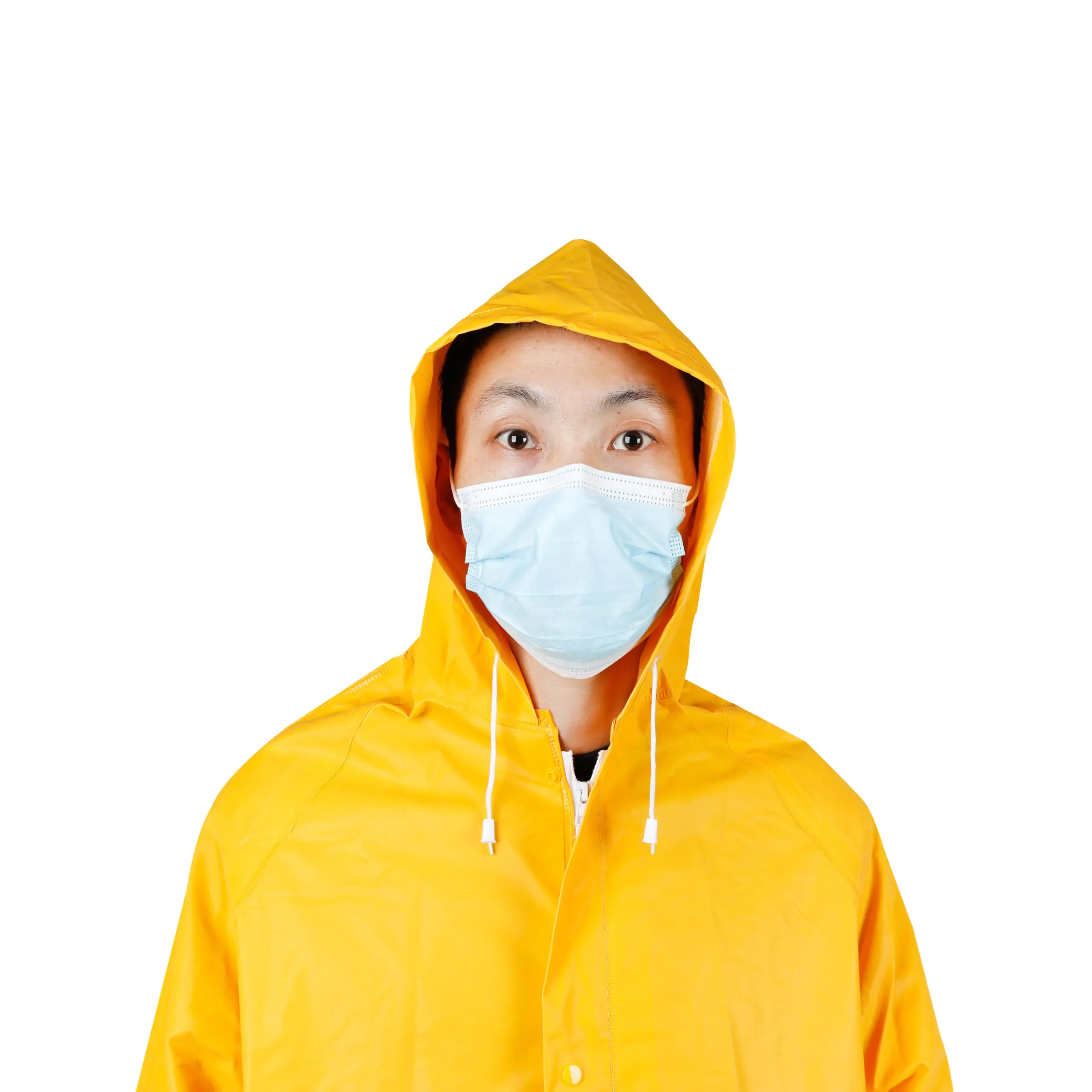 Person wearing yellow raincoat and face mask.