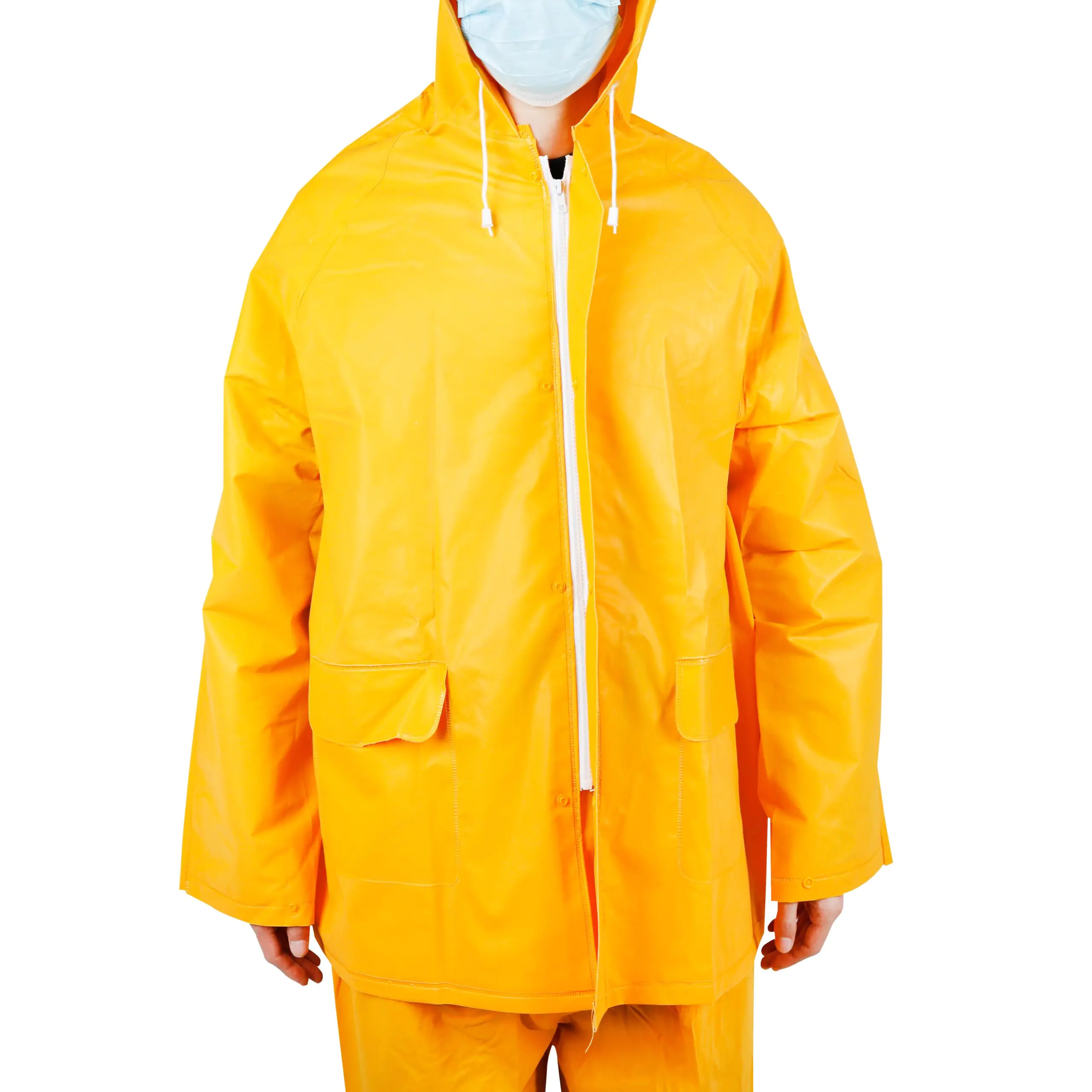 Person wearing bright orange raincoat and mask.