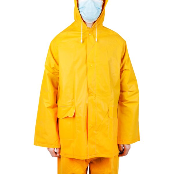 Person wearing yellow raincoat and mask.