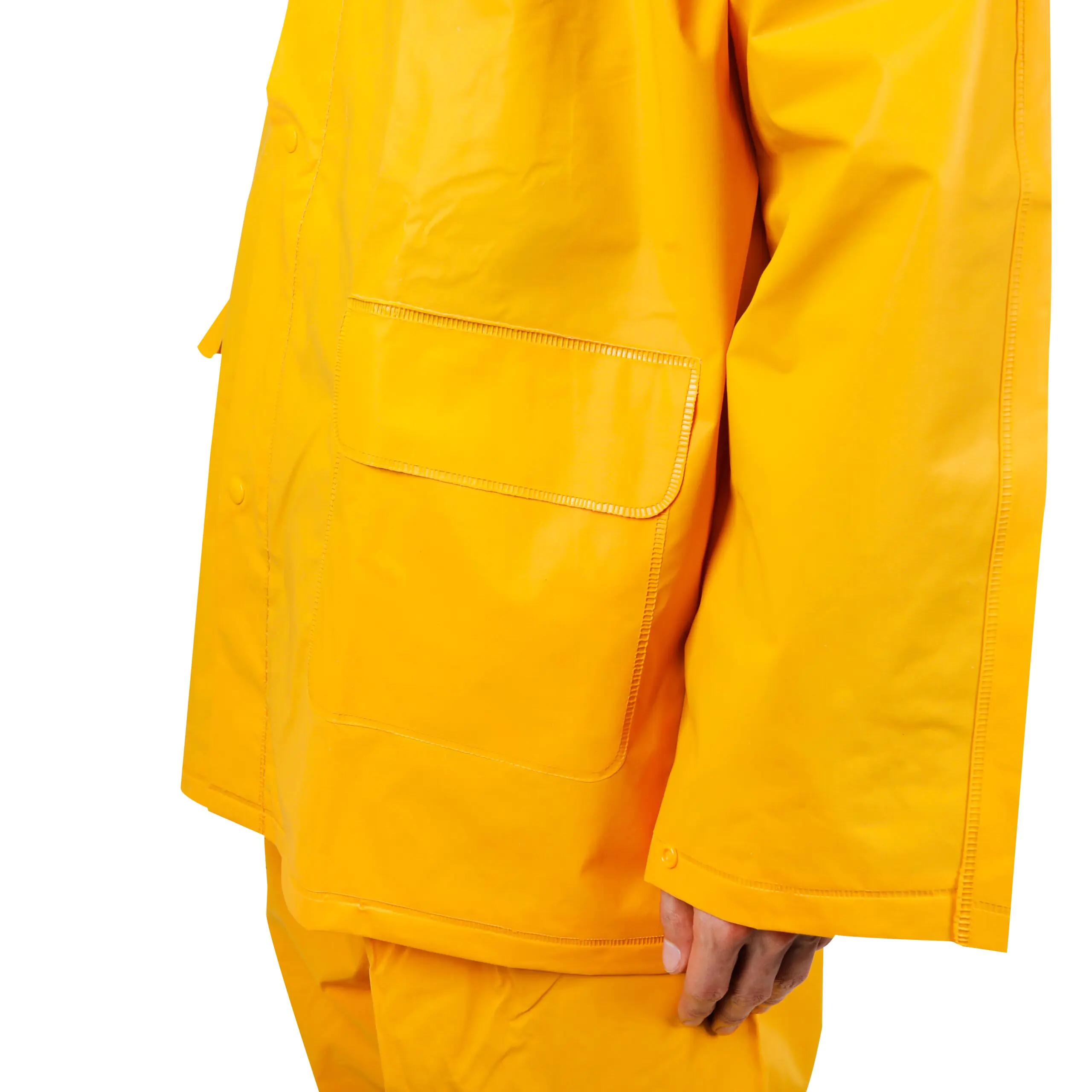 Bright yellow rain jacket with pocket detail