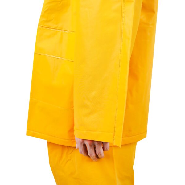 Person wearing bright yellow waterproof jacket sleeve.