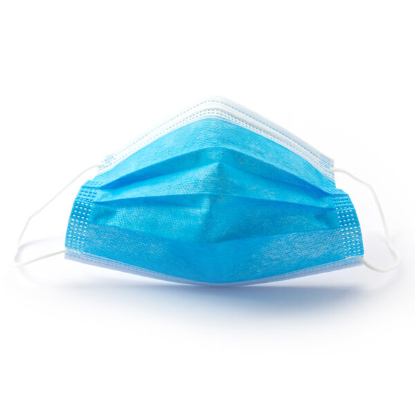 Blue disposable face mask on white background